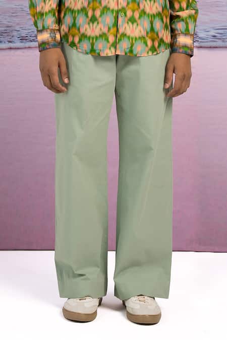 Siddhartha Bansal Green Cotton, Twill Misty Solid Trouser Online at Aza Fashions Siddhartha Bansal_Green Cotton, Twill Misty Solid Trouser _Online_at_Aza_Fashions