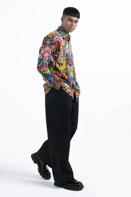 Buy_Siddhartha Bansal_Brown Cotton Satin Embroidery Bagh Print Shirt _Online_at_Aza_Fashions