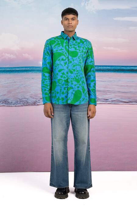 Siddhartha Bansal_Blue Cotton Satin Soho Paisley Print Shirt _Online_at_Aza_Fashions