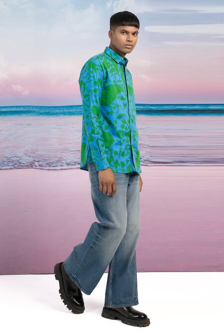 Buy_Siddhartha Bansal_Blue Cotton Satin Soho Paisley Print Shirt _Online_at_Aza_Fashions