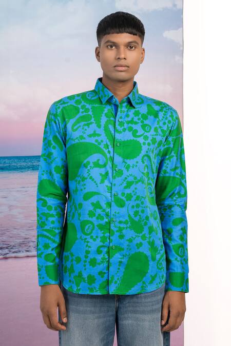 Shop_Siddhartha Bansal_Blue Cotton Satin Soho Paisley Print Shirt _Online_at_Aza_Fashions