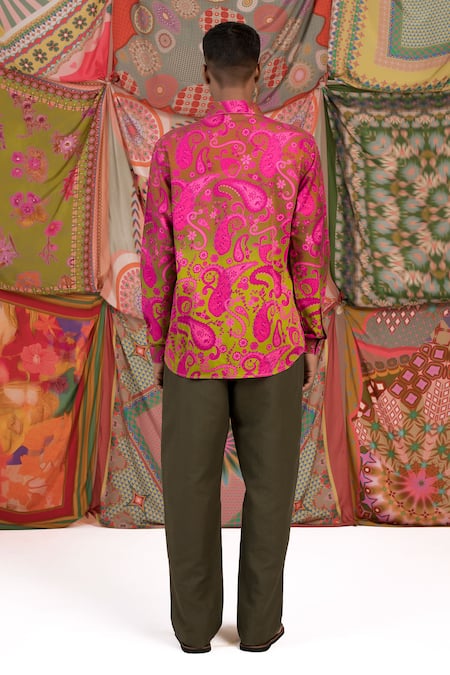 Shop Siddhartha Bansal Pink Cotton Satin Paisley Print Shirt at Aza Fashions Shop_Siddhartha Bansal_Pink Cotton Satin Paisley Print Shirt _at_Aza_Fashions