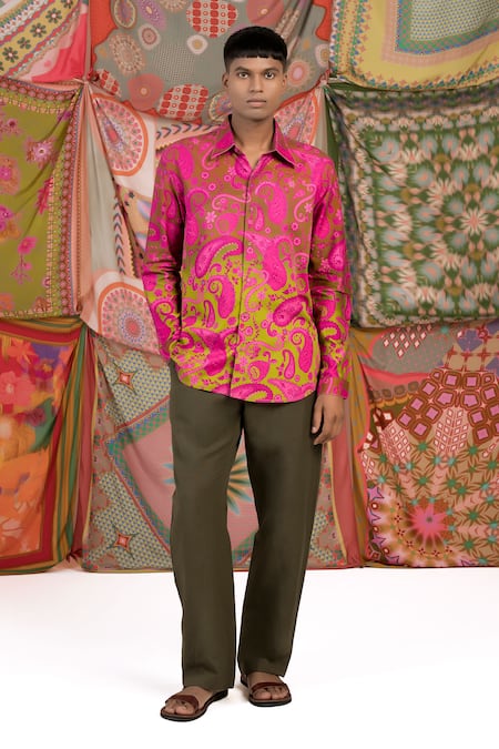 Siddhartha Bansal Pink Cotton Satin Paisley Print Shirt Online at Aza Fashions Siddhartha Bansal_Pink Cotton Satin Paisley Print Shirt _Online_at_Aza_Fashions
