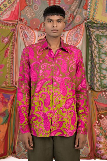 Shop Siddhartha Bansal Pink Cotton Satin Paisley Print Shirt Online at Aza Fashions Shop_Siddhartha Bansal_Pink Cotton Satin Paisley Print Shirt _Online_at_Aza_Fashions