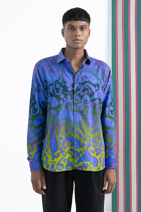 Shop Siddhartha Bansal Purple Cotton Satin Paisley Print Collared Shirt Online at Aza Fashions Shop_Siddhartha Bansal_Purple Cotton Satin Paisley Print Collared Shirt _Online_at_Aza_Fashions