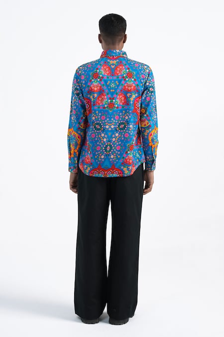 Shop Siddhartha Bansal Blue Cotton Satin Kaleidoscopic Print Shirt at Aza Fashions Shop_Siddhartha Bansal_Blue Cotton Satin Kaleidoscopic Print Shirt _at_Aza_Fashions