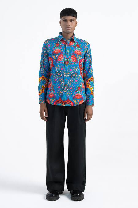 Siddhartha Bansal Blue Cotton Satin Kaleidoscopic Print Shirt Online at Aza Fashions Siddhartha Bansal_Blue Cotton Satin Kaleidoscopic Print Shirt _Online_at_Aza_Fashions