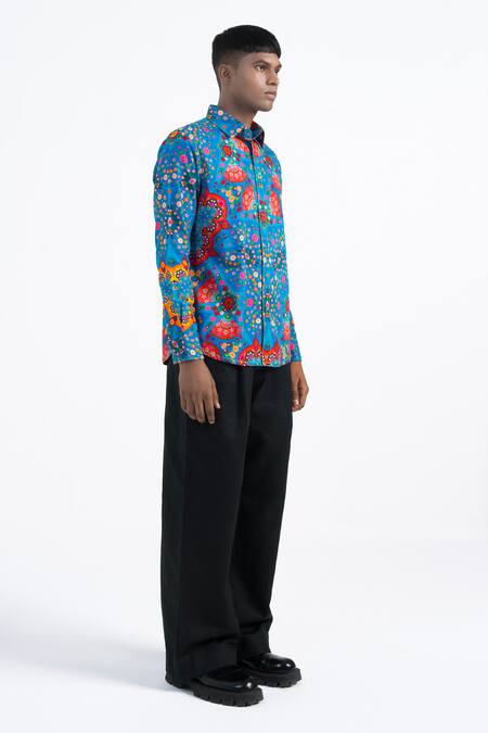 Buy Siddhartha Bansal Blue Cotton Satin Kaleidoscopic Print Shirt Online at Aza Fashions Buy_Siddhartha Bansal_Blue Cotton Satin Kaleidoscopic Print Shirt _Online_at_Aza_Fashions