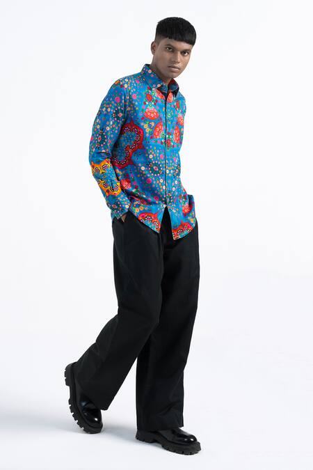Shop Siddhartha Bansal Blue Cotton Satin Kaleidoscopic Print Shirt Online at Aza Fashions Shop_Siddhartha Bansal_Blue Cotton Satin Kaleidoscopic Print Shirt _Online_at_Aza_Fashions