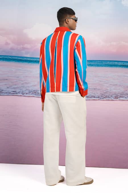 Siddhartha Bansal_Red Jacket Cotton Twill Printed Cabana Stripes I Feel So Good _Online_at_Aza_Fashions