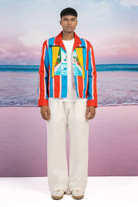 Buy_Siddhartha Bansal_Red Jacket Cotton Twill Printed Cabana Stripes I Feel So Good _Online_at_Aza_Fashions