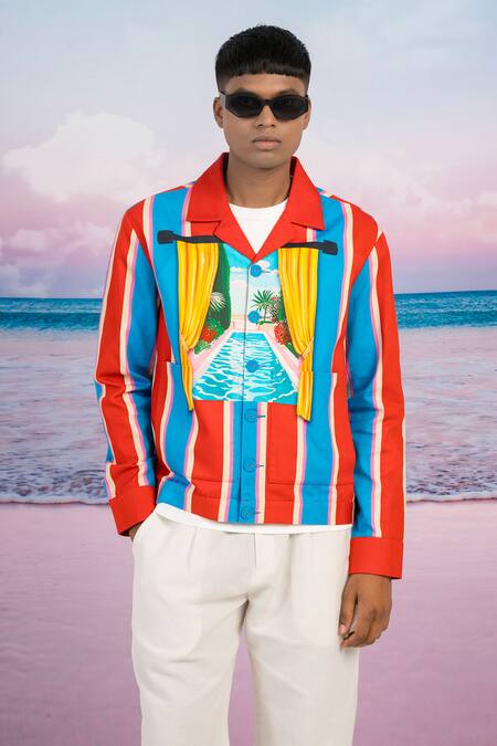 Siddhartha Bansal_Red Jacket Cotton Twill Printed Cabana Stripes I Feel So Good _at_Aza_Fashions