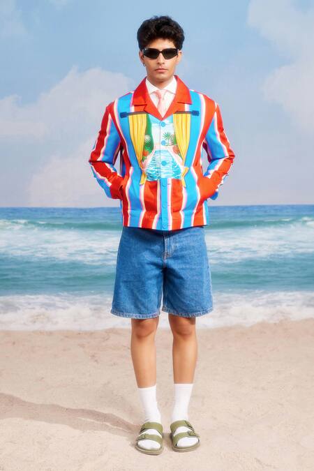 Shop_Siddhartha Bansal_Red Jacket Cotton Twill Printed Cabana Stripes I Feel So Good 