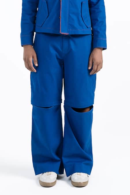 Shop_Siddhartha Bansal_Blue Cotton, Twill Epic Zip Off Cargo Trouser _Online_at_Aza_Fashions