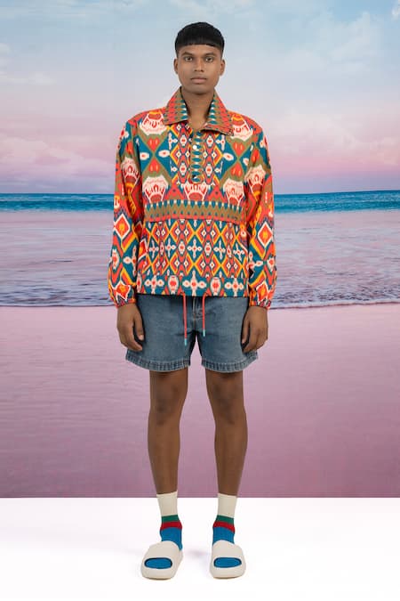 Siddhartha Bansal_Orange Gingham Hawaiian Sunset Pullover Jacket _Online_at_Aza_Fashions