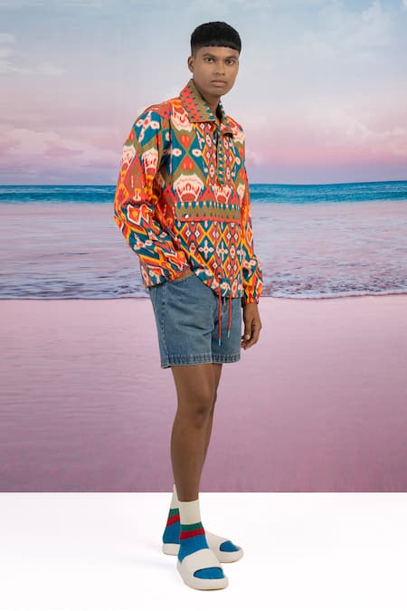 Buy_Siddhartha Bansal_Orange Gingham Hawaiian Sunset Pullover Jacket _Online_at_Aza_Fashions