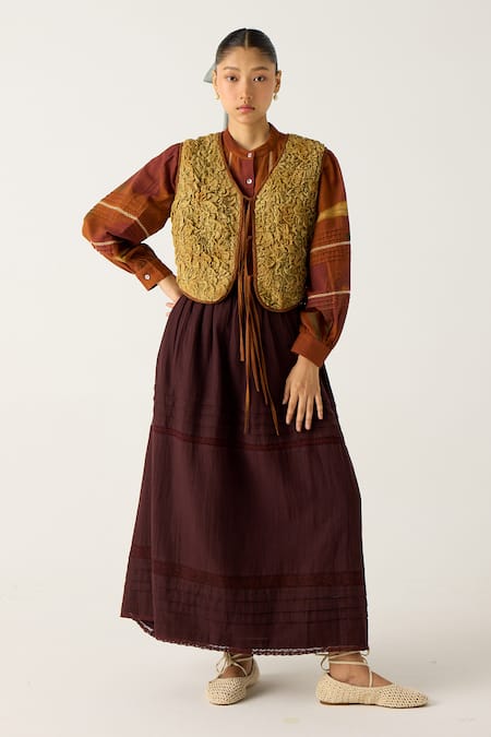 Cord Brown Cotton Print Smocking Top Collared Cara Skirt Set With Gillet