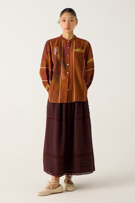 Cord_Brown Cotton Embroidery, Smocking Collared Cara Skirt Set With Gillet_at_Aza_Fashions