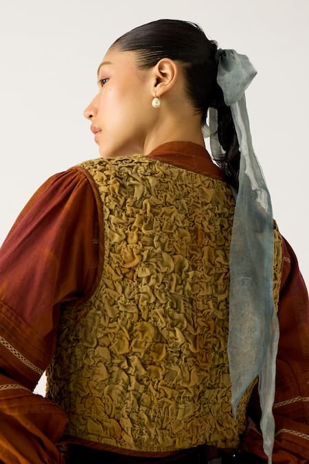 Shop_Cord_Brown Cotton Embroidery, Smocking Collared Cara Skirt Set With Gillet