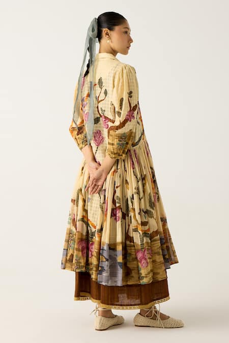 Shop Cord Ivory Cotton Collared Safari Print Button Down Jacket Dress at Aza Fashions Shop_Cord_Ivory Cotton Collared Safari Print Button Down Jacket Dress_at_Aza_Fashions