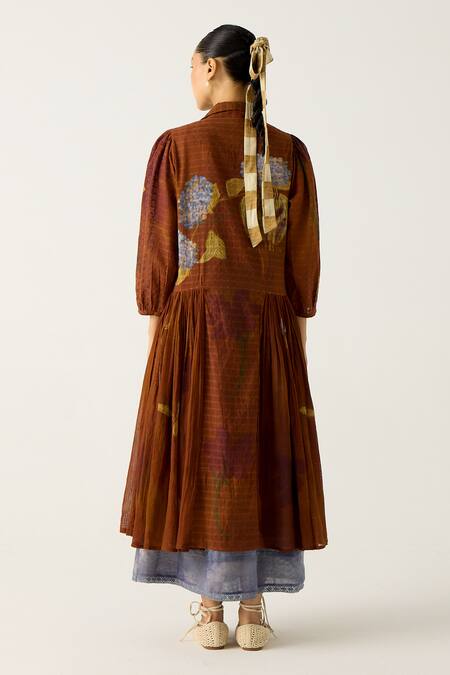 Shop Cord Brown Cotton Embroidery Collared, Foliage Print Button Down Jacket With Dress at Aza Fashions Shop_Cord_Brown Cotton Embroidery Collared, Foliage Print Button Down Jacket With Dress_at_Aza_Fashions