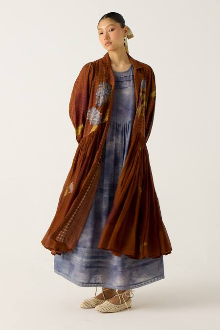 Buy Cord Brown Cotton Embroidery Collared, Foliage Print Button Down Jacket With Dress Online at Aza Fashions Buy_Cord_Brown Cotton Embroidery Collared, Foliage Print Button Down Jacket With Dress_Online_at_Aza_Fashions