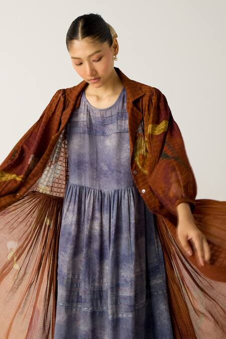 Cord Brown Cotton Embroidery Collared, Foliage Print Button Down Jacket With Dress at Aza Fashions Cord_Brown Cotton Embroidery Collared, Foliage Print Button Down Jacket With Dress_at_Aza_Fashions