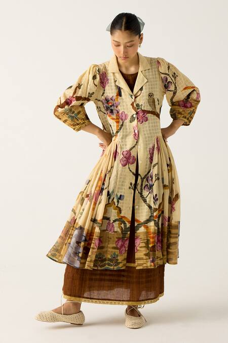 Cord_Ivory Cotton Collared, Round Neck Safari Print Button Down Jacket With Dress_Online_at_Aza_Fashions