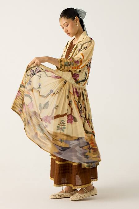 Buy_Cord_Ivory Cotton Collared, Round Neck Safari Print Button Down Jacket With Dress_Online_at_Aza_Fashions