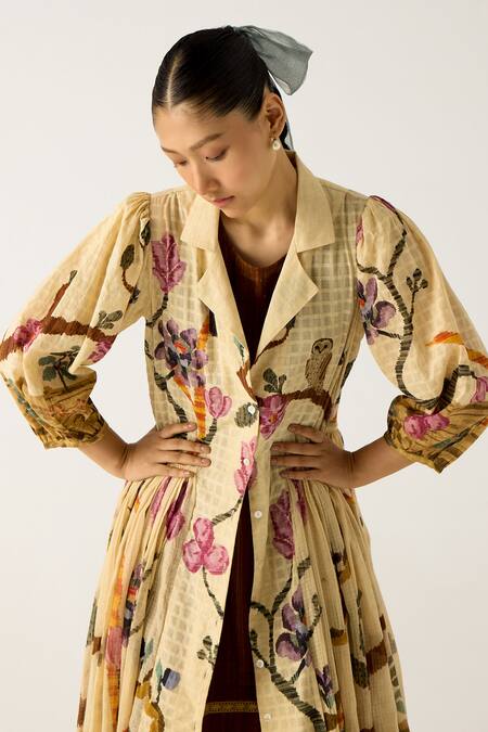 Shop_Cord_Ivory Cotton Collared, Round Neck Safari Print Button Down Jacket With Dress_Online_at_Aza_Fashions