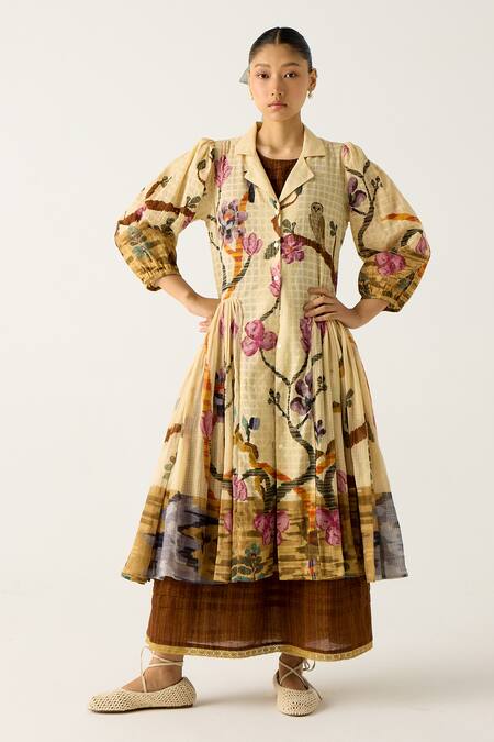 Buy_Cord_Ivory Cotton Collared, Round Neck Safari Print Button Down Jacket With Dress