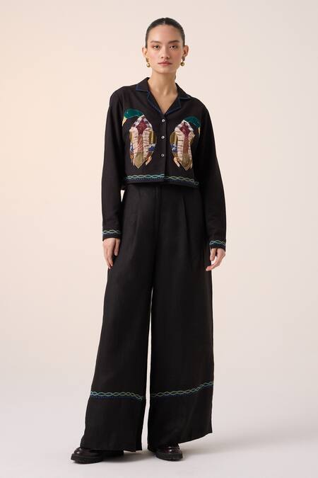 Cord_Black Cotton Applique Collared Duck Detailed Crop Shirt_Online_at_Aza_Fashions