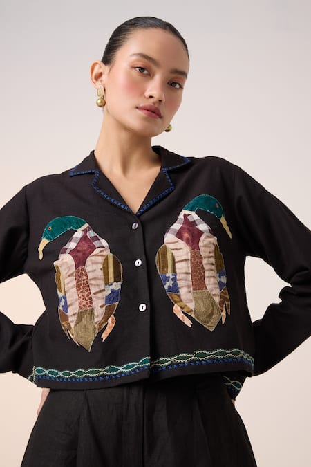Shop_Cord_Black Cotton Applique Collared Duck Detailed Crop Shirt_Online_at_Aza_Fashions