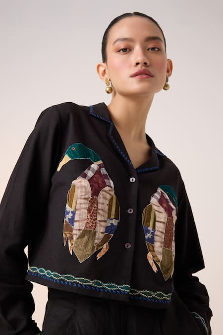 Cord_Black Cotton Applique Collared Duck Detailed Crop Shirt_at_Aza_Fashions