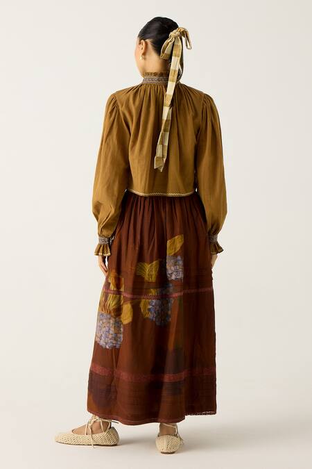 Shop_Cord_Brown Cotton Embroidery High Neck Elsa Top With Foliage Print Skirt_at_Aza_Fashions