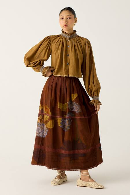 Cord_Brown Cotton Embroidery High Neck Elsa Top With Foliage Print Skirt_Online_at_Aza_Fashions