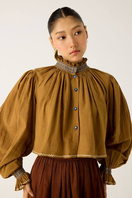 Buy_Cord_Brown Cotton Embroidery High Neck Elsa Top With Foliage Print Skirt_Online_at_Aza_Fashions