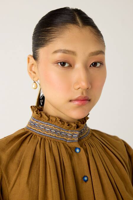 Shop_Cord_Brown Cotton Embroidery High Neck Elsa Top With Foliage Print Skirt_Online_at_Aza_Fashions