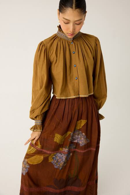 Cord_Brown Cotton Embroidery High Neck Elsa Top With Foliage Print Skirt_at_Aza_Fashions