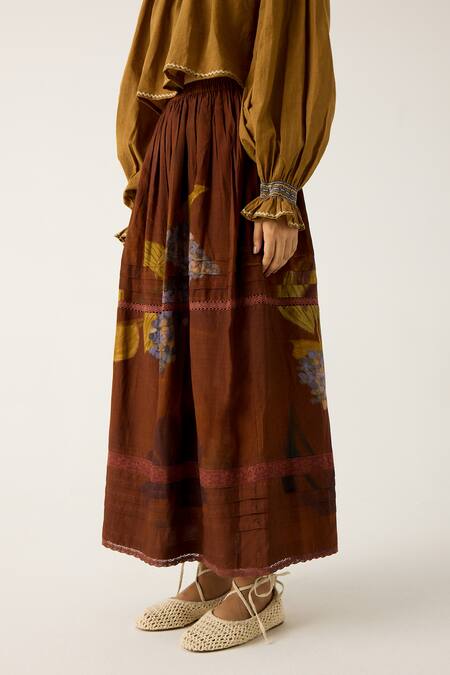 Buy_Cord_Brown Cotton Embroidery High Neck Elsa Top With Foliage Print Skirt