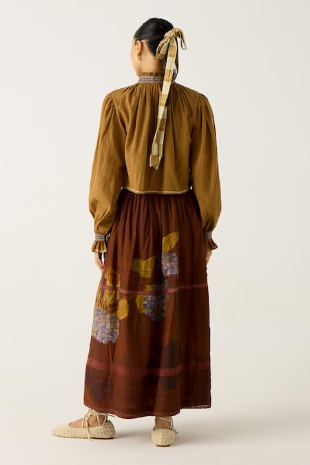 Shop Cord Brown Cotton Embroidery High Neck Elsa Hand Top at Aza Fashions Shop_Cord_Brown Cotton Embroidery High Neck Elsa Hand Top_at_Aza_Fashions