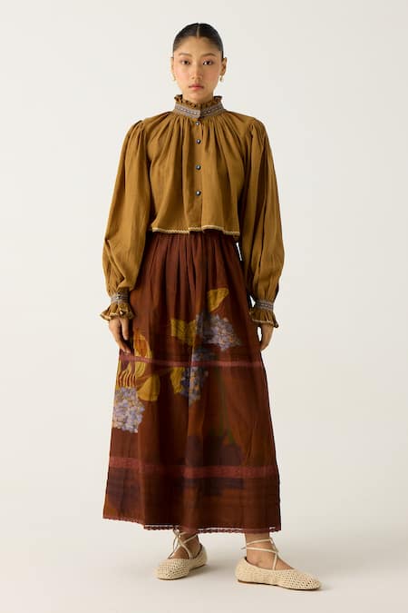 Cord Brown Cotton Embroidery High Neck Elsa Hand Top Online at Aza Fashions Cord_Brown Cotton Embroidery High Neck Elsa Hand Top_Online_at_Aza_Fashions