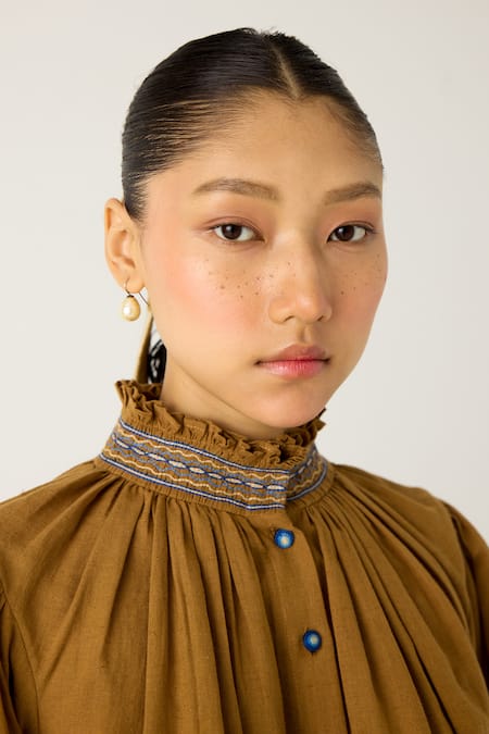 Shop Cord Brown Cotton Embroidery High Neck Elsa Hand Top Online at Aza Fashions Shop_Cord_Brown Cotton Embroidery High Neck Elsa Hand Top_Online_at_Aza_Fashions