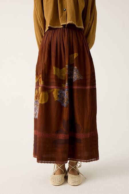 Cord Brown Cotton Lace Emily Foliage Print Skirt Online at Aza Fashions Cord_Brown Cotton Lace Emily Foliage Print Skirt_Online_at_Aza_Fashions