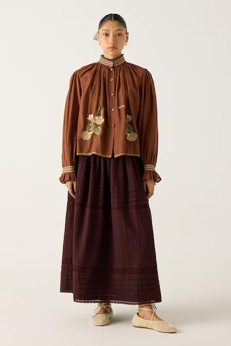 Cord_Brown Cotton Lace Emily Pintuck Hem Skirt_Online_at_Aza_Fashions