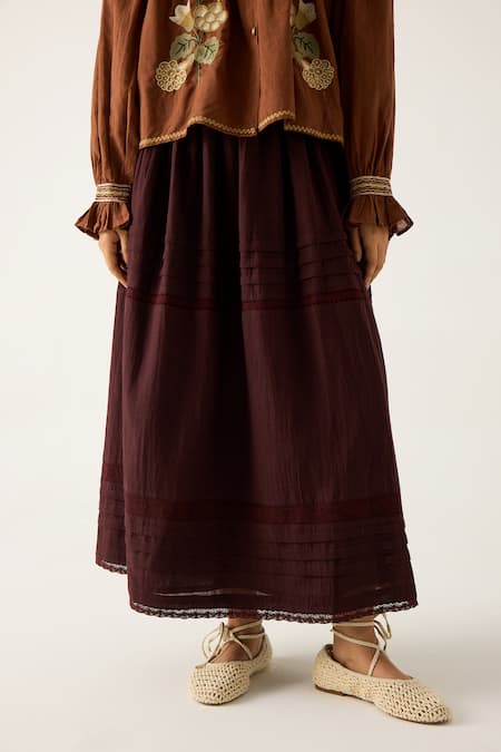 Buy_Cord_Brown Cotton Lace Emily Pintuck Hem Skirt_Online_at_Aza_Fashions