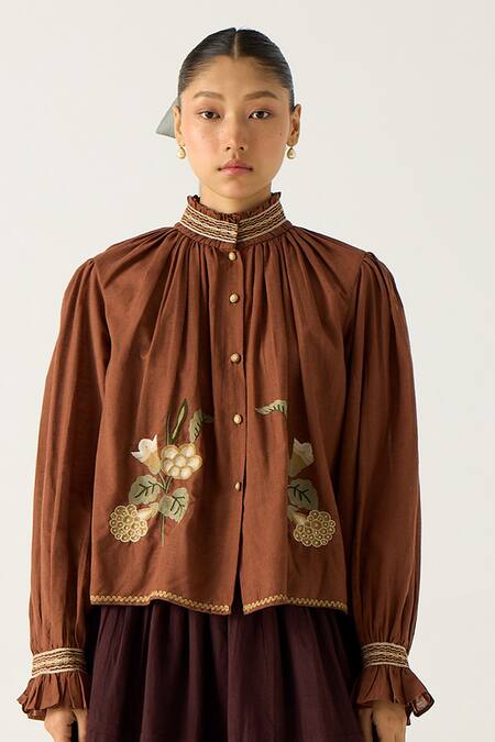 Cord Brown Cotton Embroidery, Smocking, Lace Bandeau Emily Top With Pintuck Skirt Online at Aza Fashions Cord_Brown Cotton Embroidery, Smocking, Lace Bandeau Emily Top With Pintuck Skirt_Online_at_Aza_Fashions