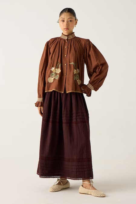Buy Cord Brown Cotton Embroidery, Smocking, Lace Bandeau Emily Top With Pintuck Skirt Online at Aza Fashions Buy_Cord_Brown Cotton Embroidery, Smocking, Lace Bandeau Emily Top With Pintuck Skirt_Online_at_Aza_Fashions