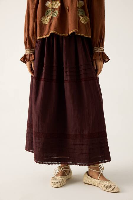 Shop Cord Brown Cotton Embroidery, Smocking, Lace Bandeau Emily Top With Pintuck Skirt Online at Aza Fashions Shop_Cord_Brown Cotton Embroidery, Smocking, Lace Bandeau Emily Top With Pintuck Skirt_Online_at_Aza_Fashions