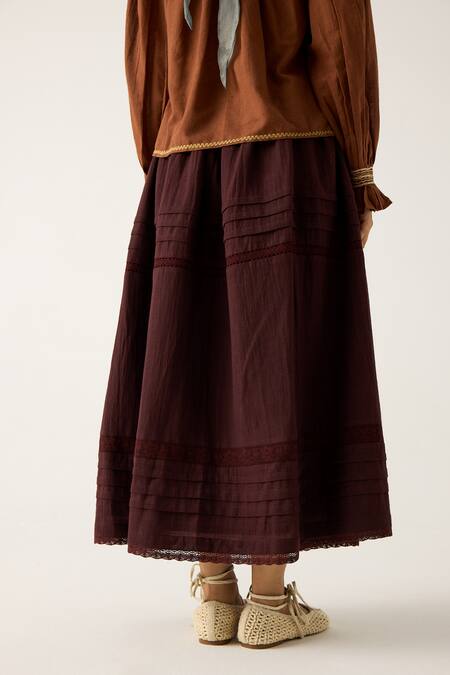 Cord Brown Cotton Embroidery, Smocking, Lace Bandeau Emily Top With Pintuck Skirt at Aza Fashions Cord_Brown Cotton Embroidery, Smocking, Lace Bandeau Emily Top With Pintuck Skirt_at_Aza_Fashions